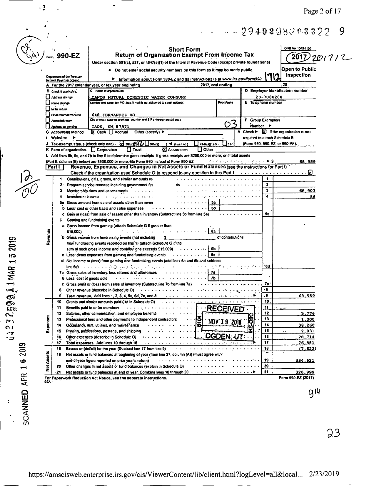 Image of first page of 2017 Form 990EO for Canon Mutual Domestic Water Consume