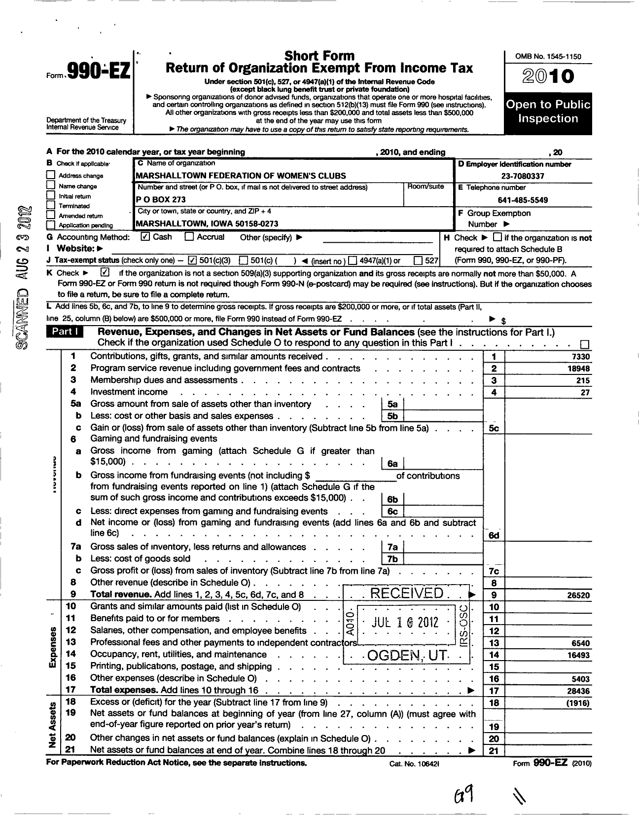 Image of first page of 2010 Form 990EZ for Marshalltown Federation of Womens Clubs