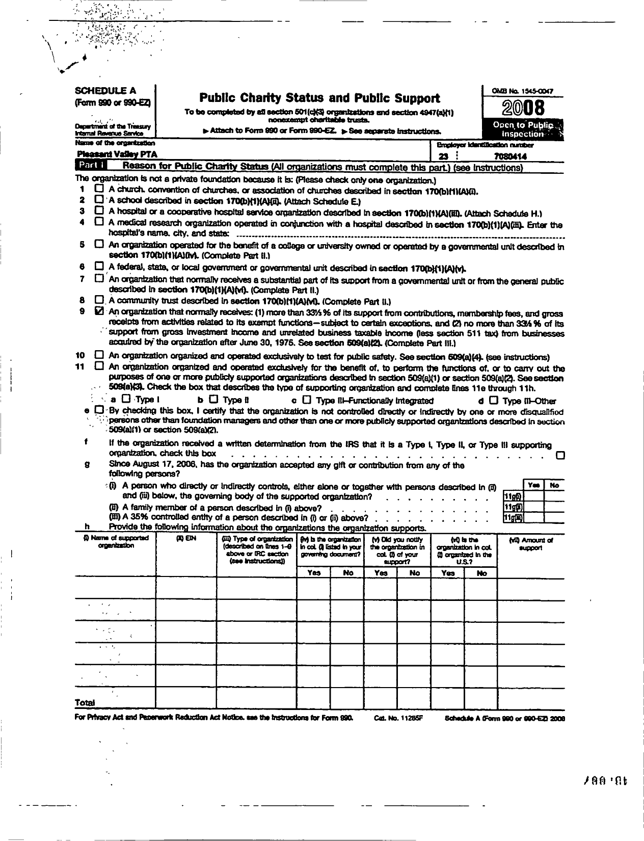 Image of first page of 2008 Form 990ER for Pleasant Valley PTA