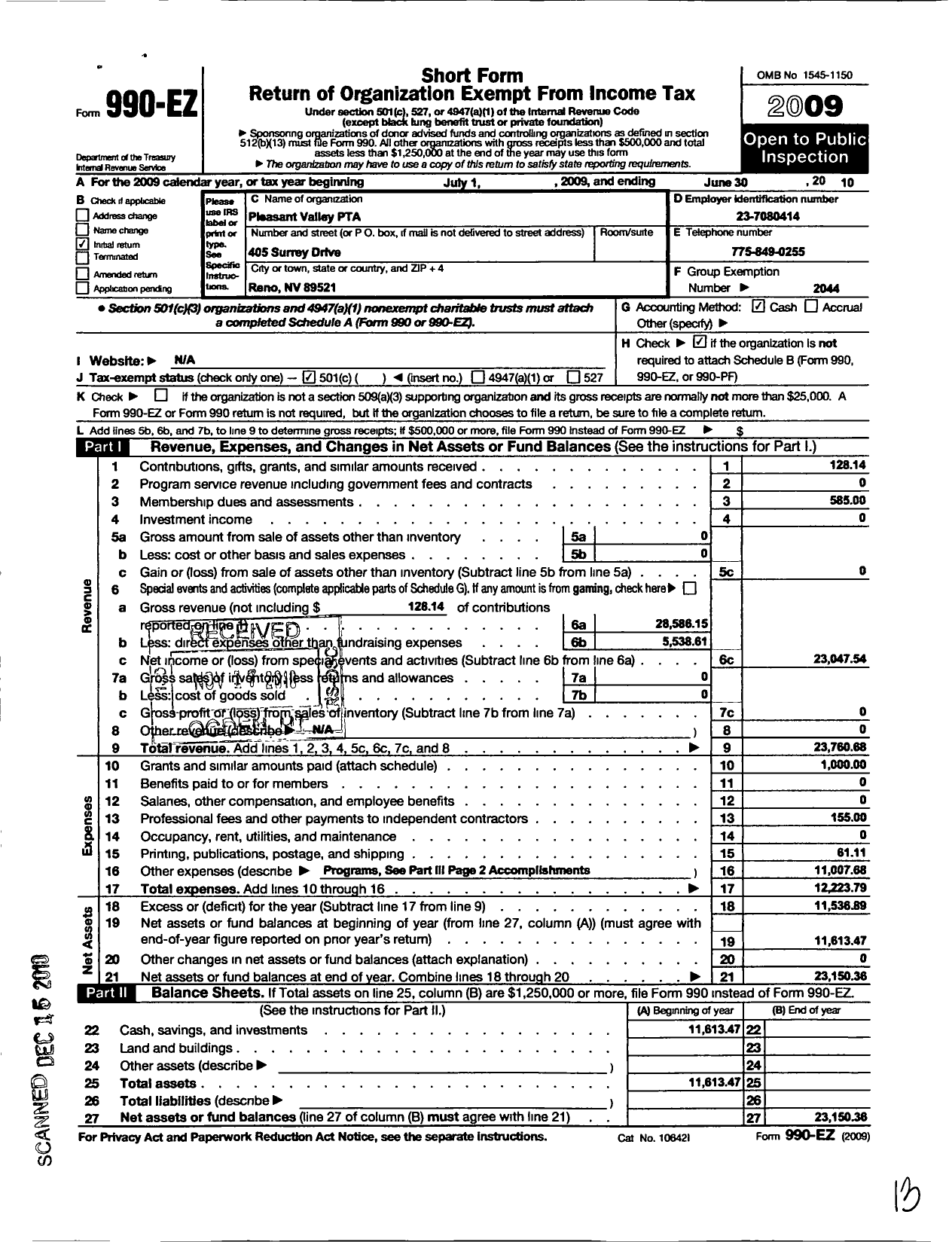 Image of first page of 2009 Form 990EO for Pleasant Valley PTA