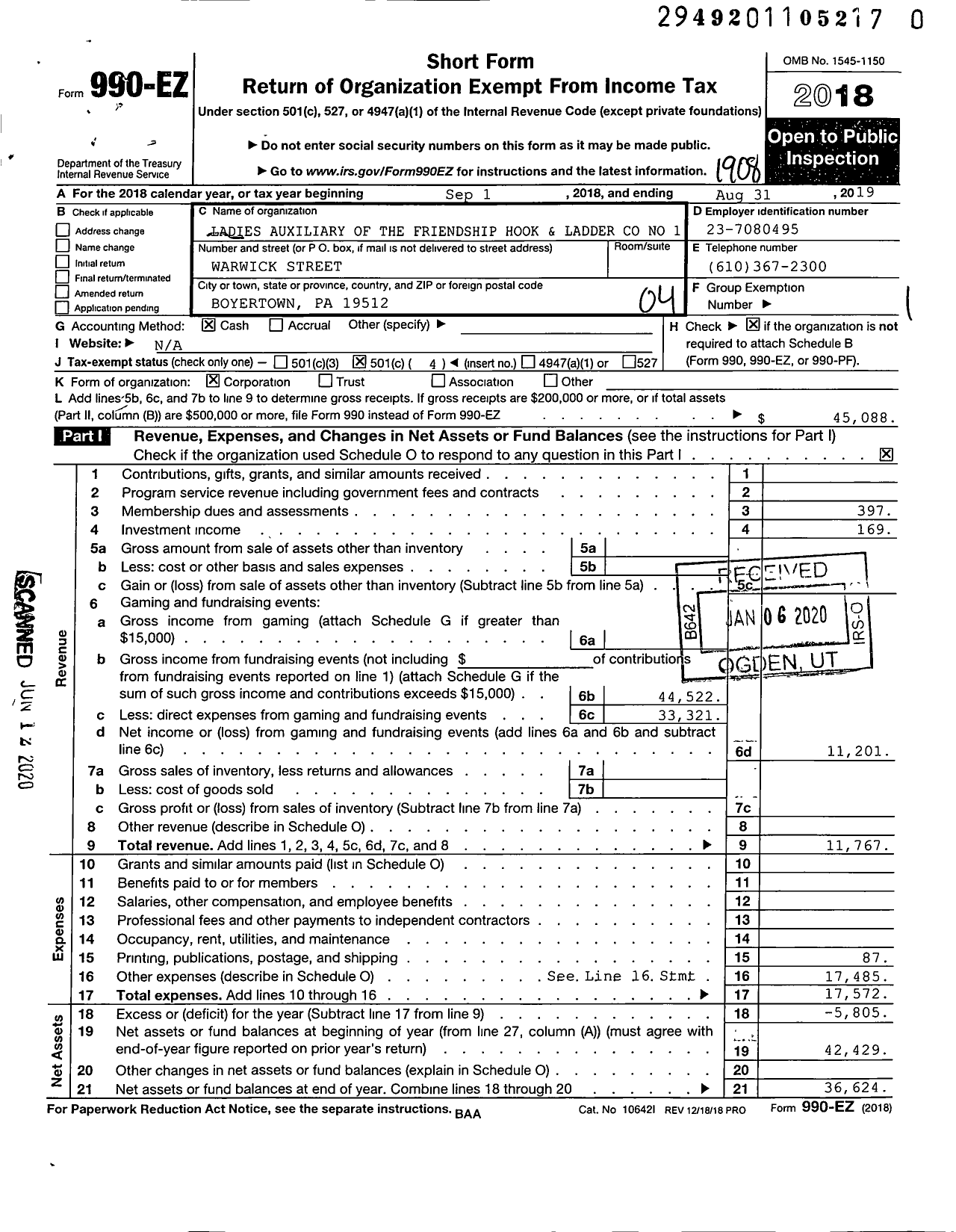 Image of first page of 2018 Form 990EO for Ladies Auxiliary of the Friendship Hook and Ladder No 1