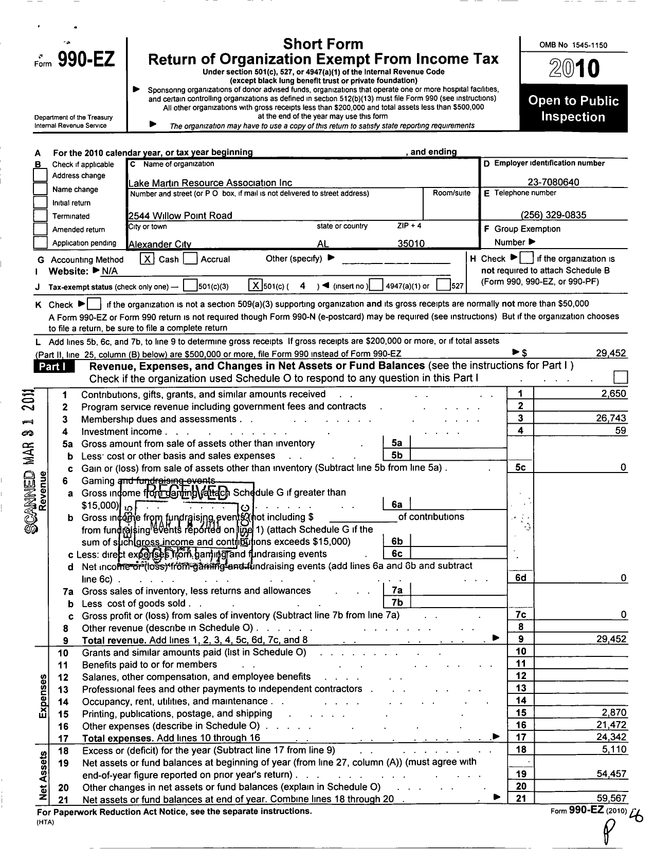 Image of first page of 2010 Form 990EO for Lake Martin Resource Association