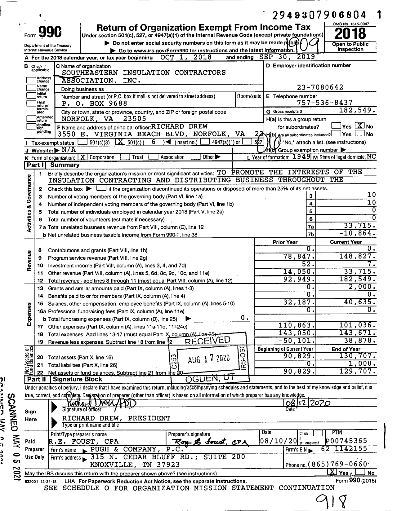 Image of first page of 2018 Form 990O for Southeastern Insulation Contractors Association