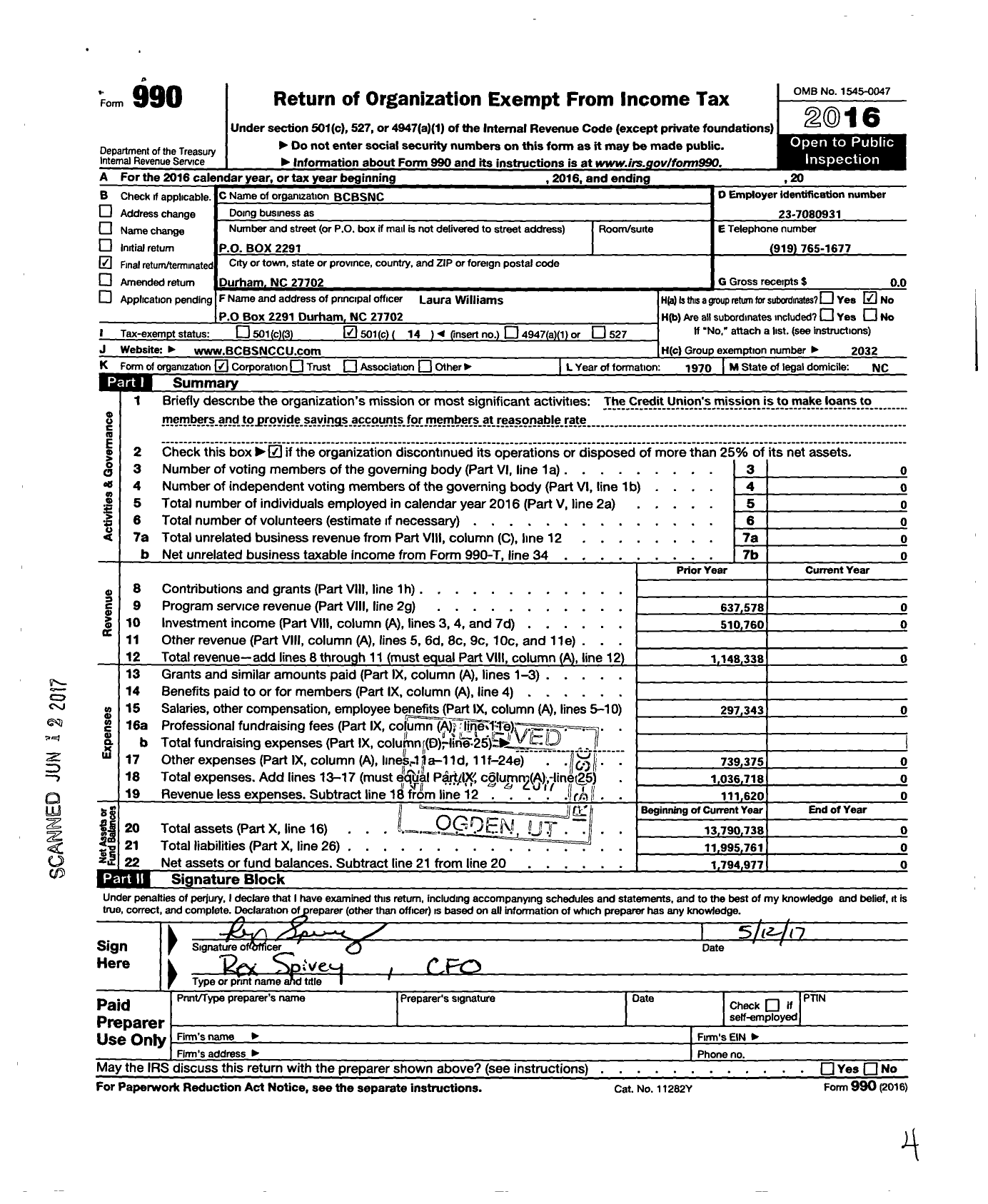 Image of first page of 2016 Form 990O for BCBSNC (BCBSNC Credit Union)