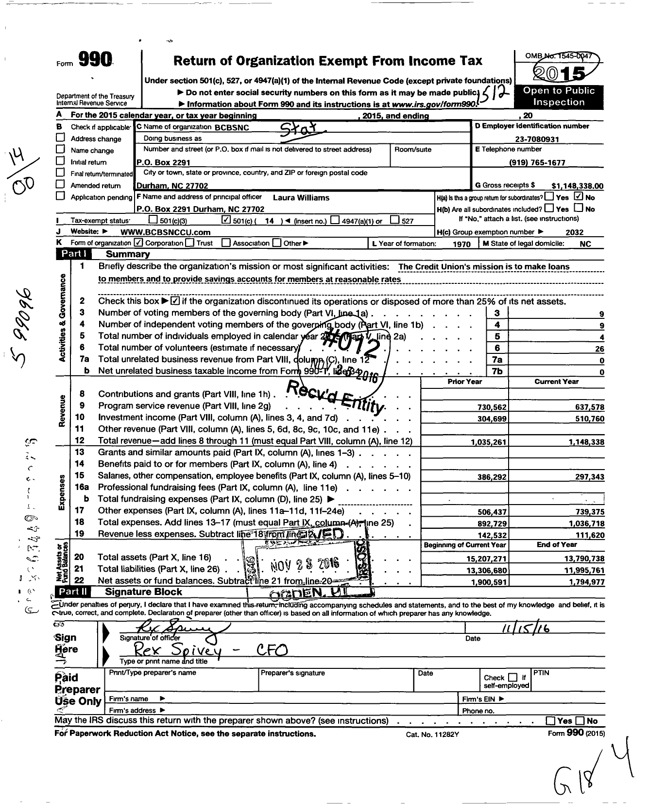 Image of first page of 2015 Form 990O for BCBSNC (BCBSNC Credit Union)