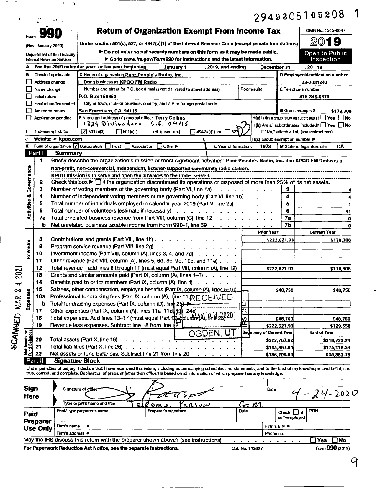 Image of first page of 2019 Form 990 for KPOO FM Radio