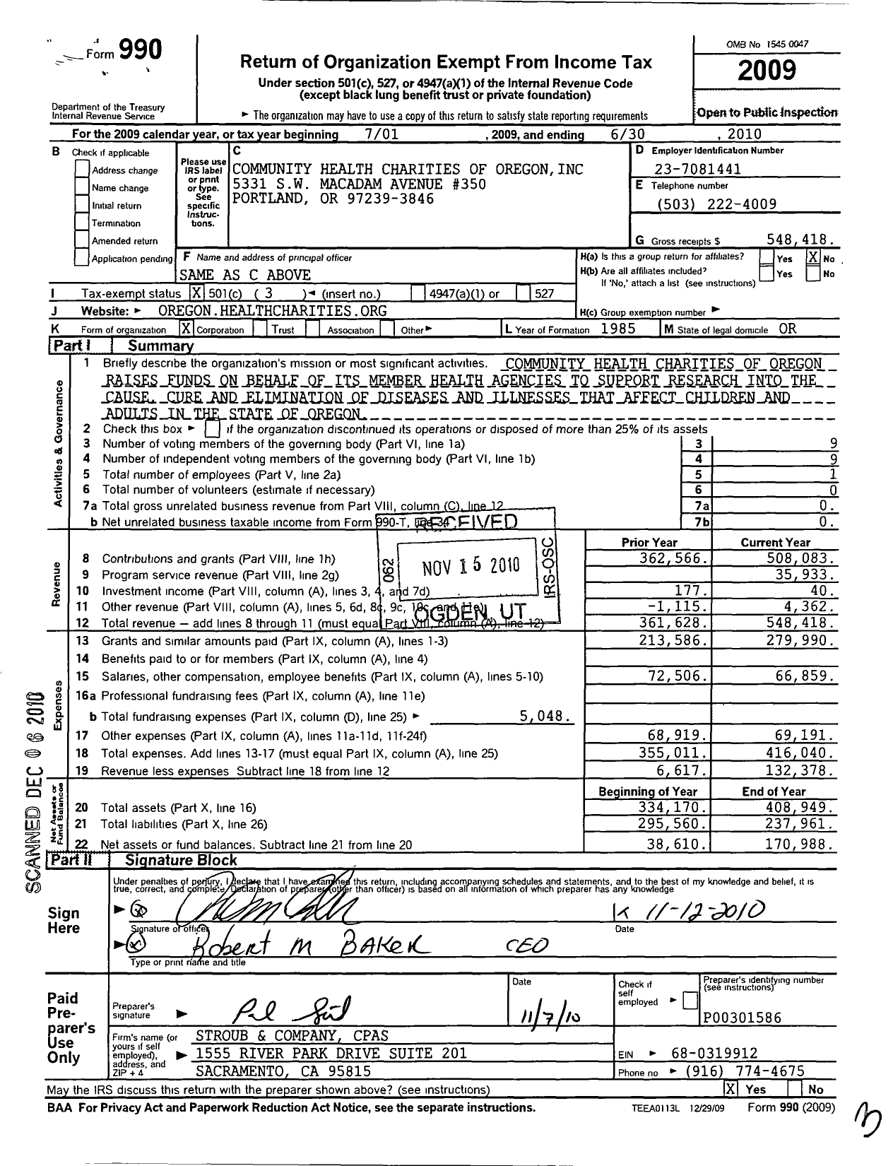 Image of first page of 2009 Form 990 for Community Health Charities of Oregon