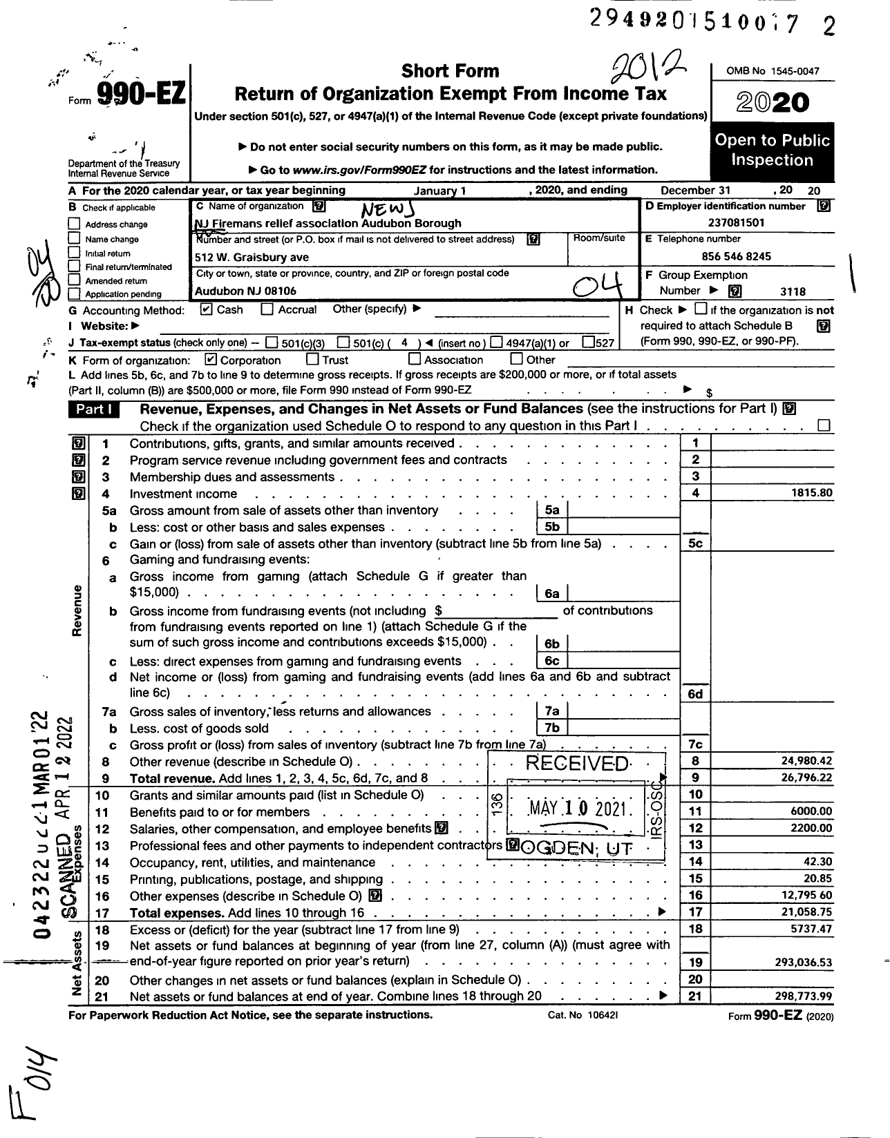 Image of first page of 2020 Form 990EO for New Jersey State Firemen's Association - Audubon Boro