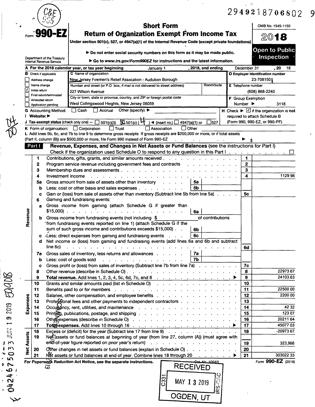 Image of first page of 2018 Form 990EO for New Jersey State Firemen's Association - Audubon Boro