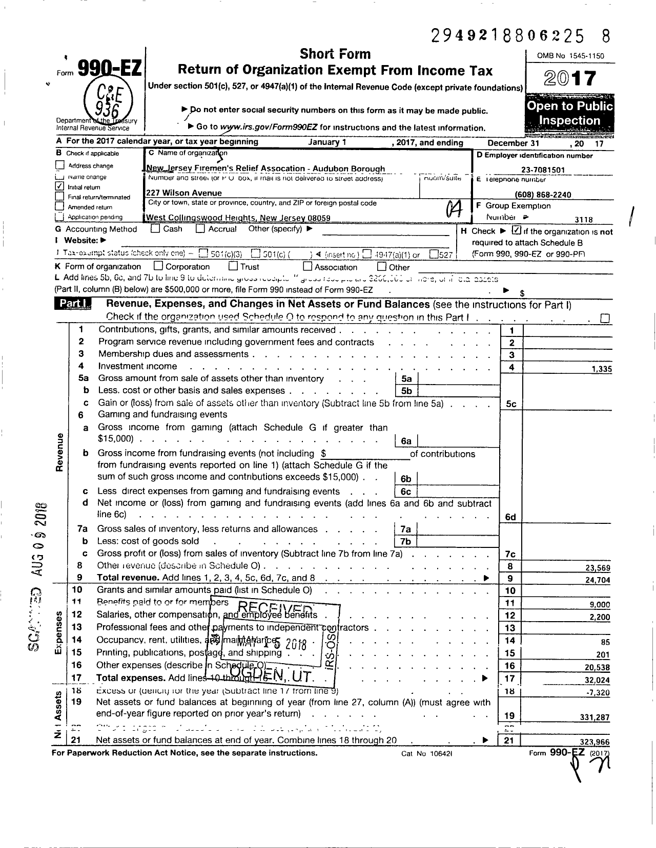 Image of first page of 2017 Form 990EO for New Jersey State Firemen's Association - Audubon Boro