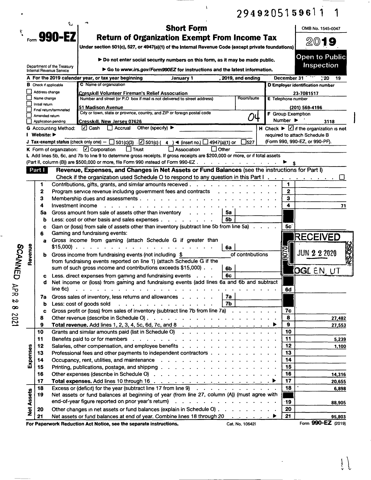 Image of first page of 2019 Form 990EO for New Jersey State Firemen's Association - Berlin Boro