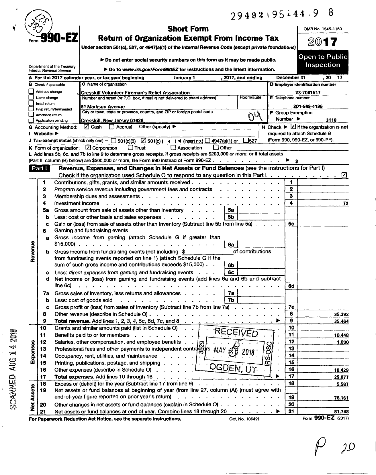 Image of first page of 2017 Form 990EO for New Jersey State Firemen's Association - Berlin Boro