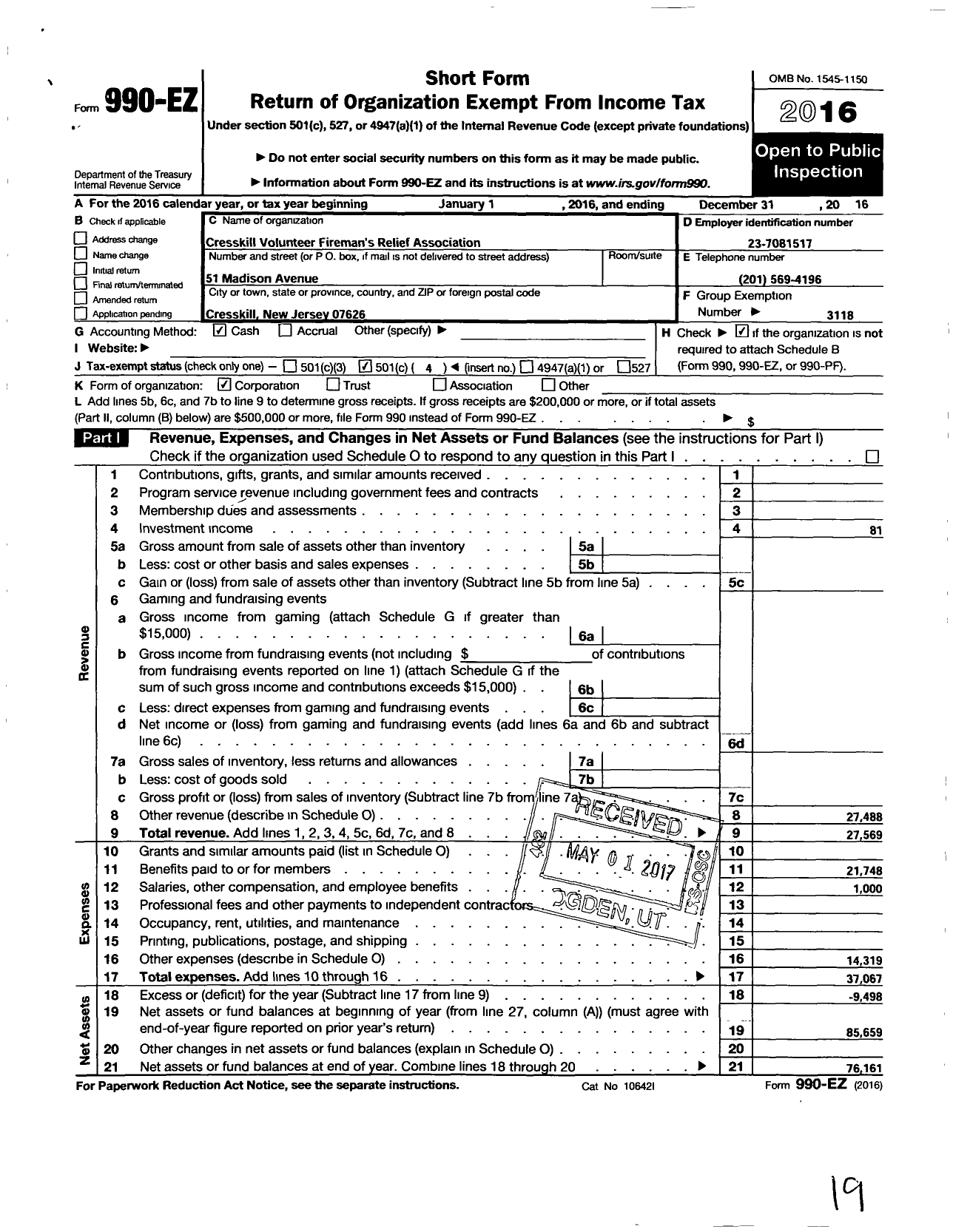 Image of first page of 2016 Form 990EO for New Jersey State Firemen's Association - Berlin Boro