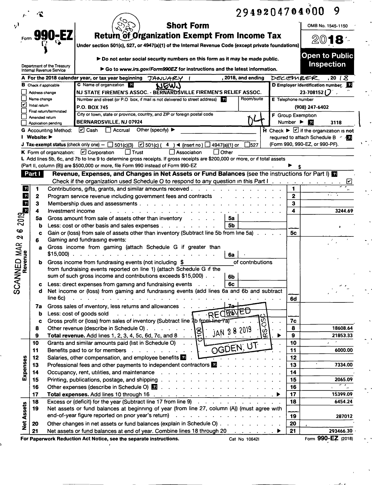 Image of first page of 2018 Form 990EO for New Jersey State Firemen's Association - Bernardsville Borough