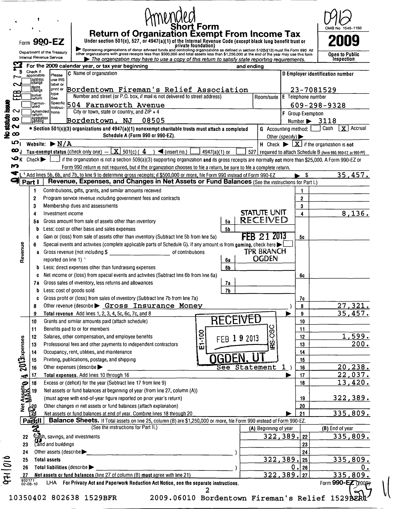 Image of first page of 2009 Form 990EO for New Jersey State Firemen's Association - Bordentown