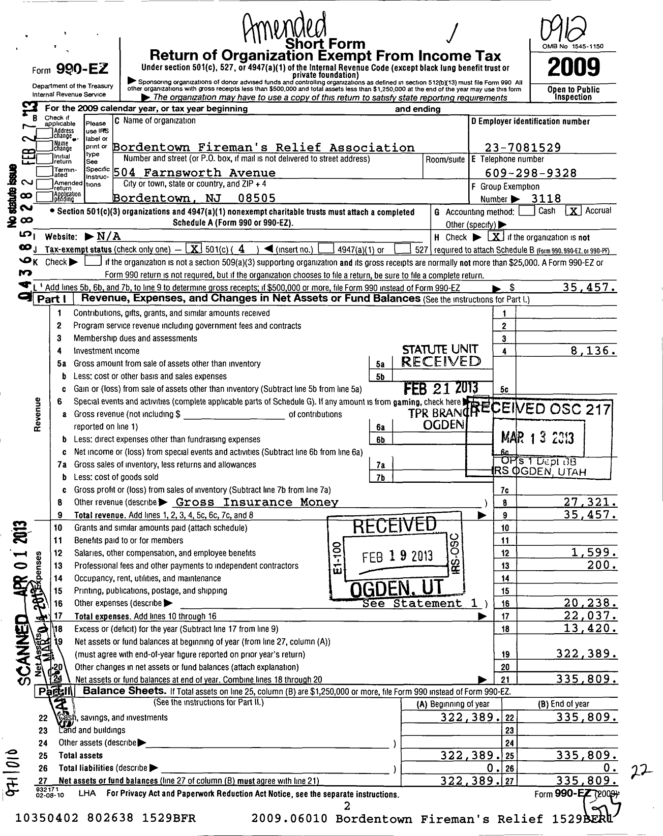 Image of first page of 2009 Form 990EO for New Jersey State Firemen's Association - Bordentown