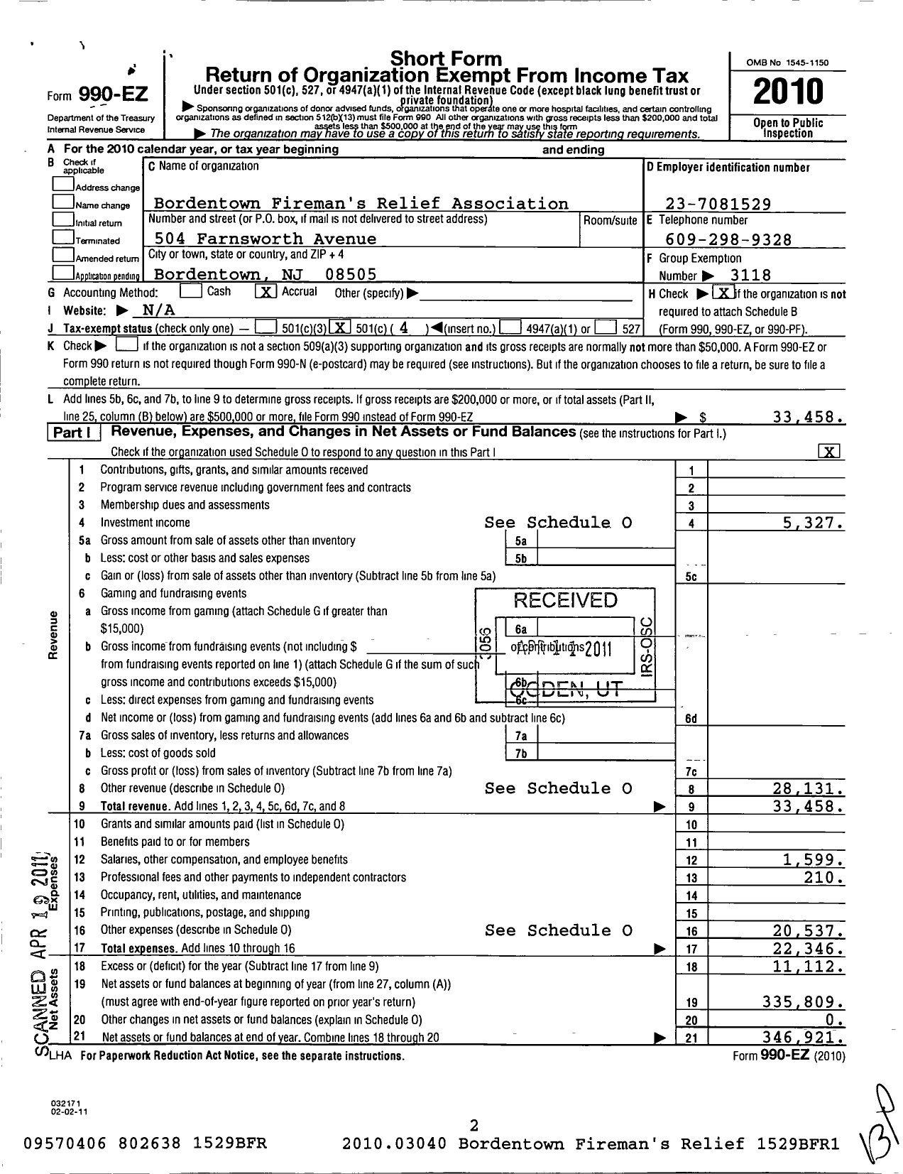 Image of first page of 2010 Form 990EO for New Jersey State Firemen's Association - Bordentown