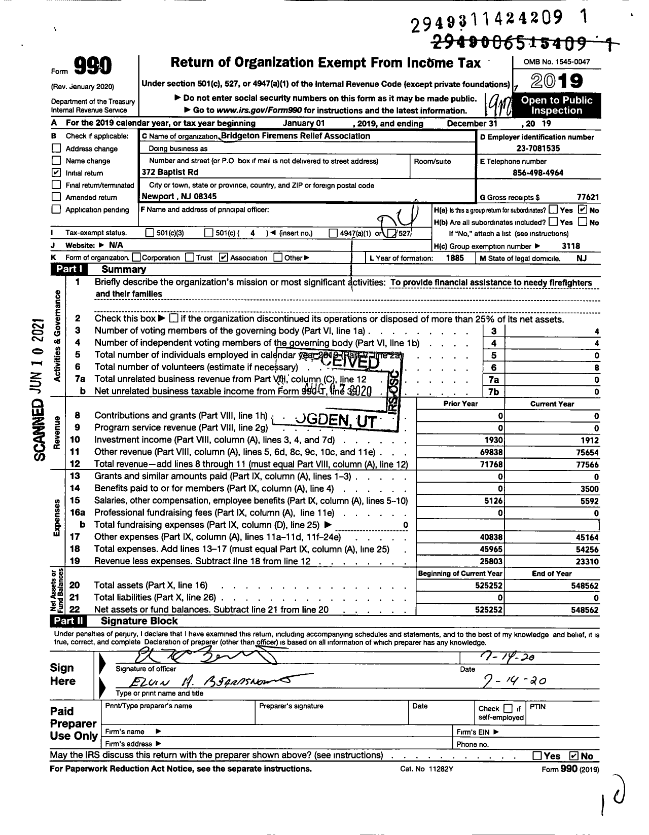 Image of first page of 2019 Form 990O for New Jersey State Firemens Association