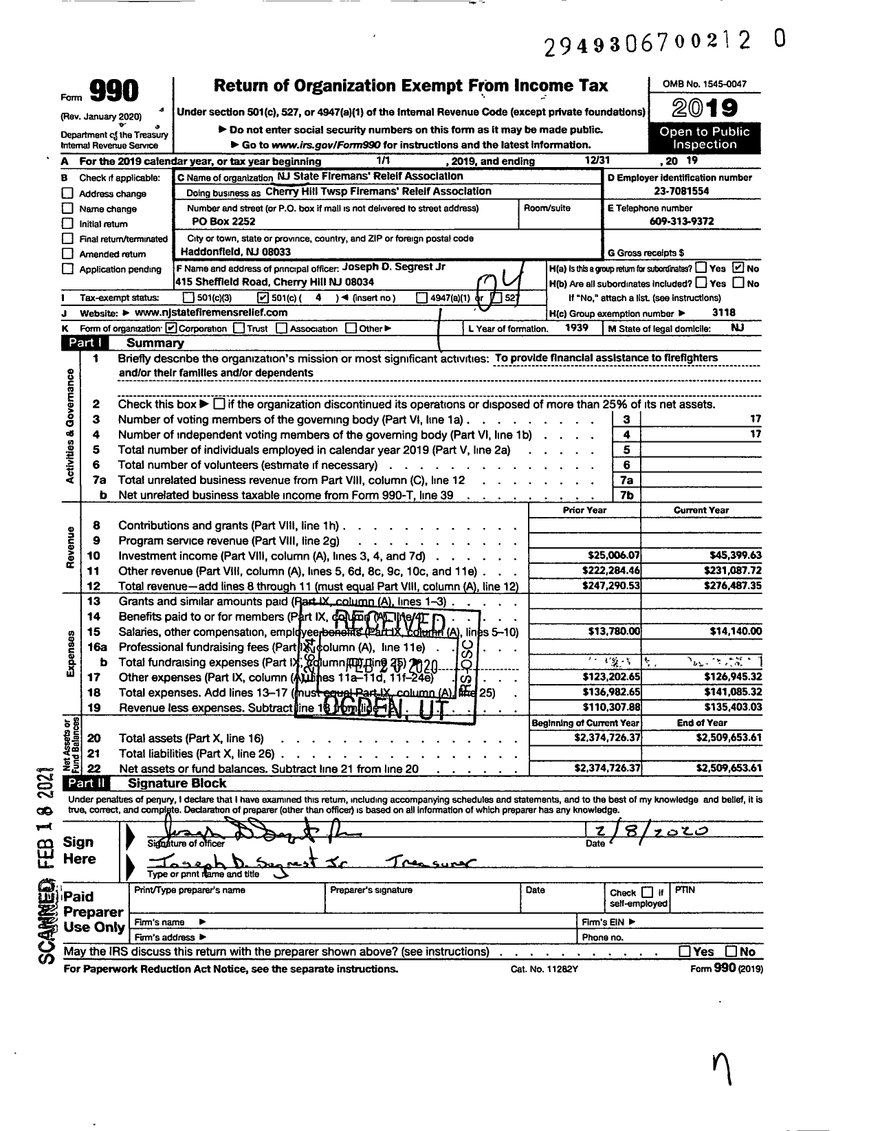 Image of first page of 2019 Form 990O for New Jersey State Firemen's Association - Cherry Hill TWSP