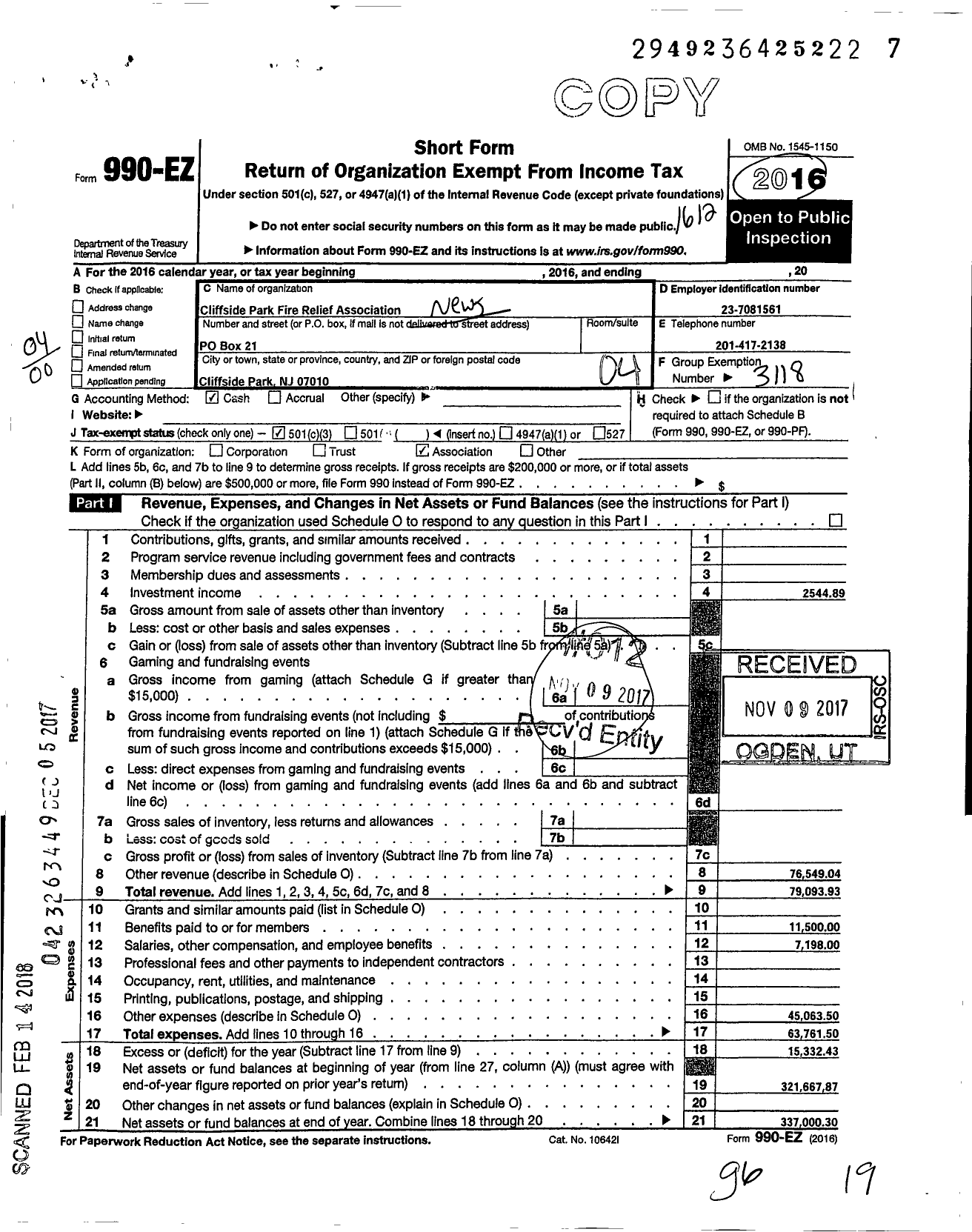 Image of first page of 2016 Form 990EO for New Jersey State Firemen's Association - Cliffside Park