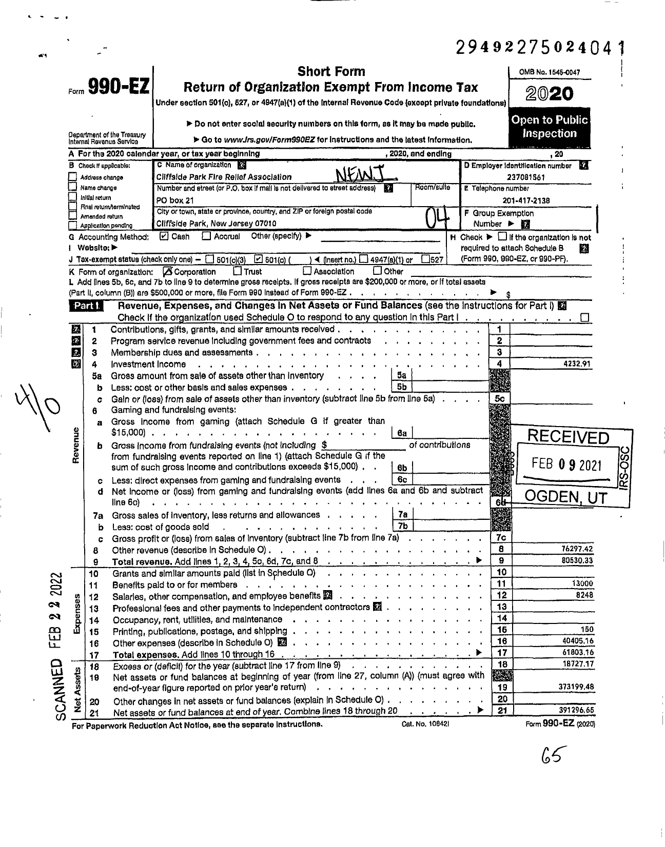 Image of first page of 2020 Form 990EO for New Jersey State Firemen's Association - Cliffside Park