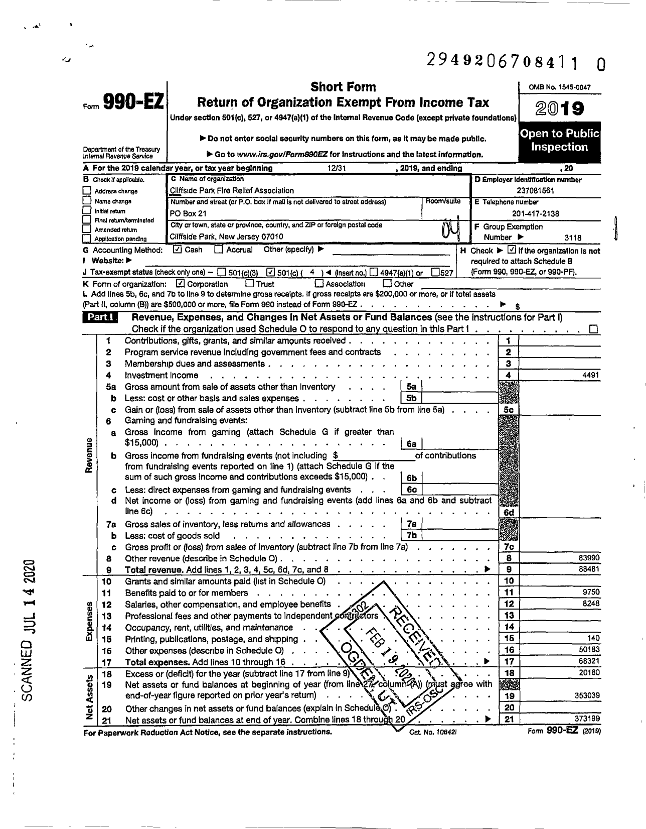 Image of first page of 2019 Form 990EO for New Jersey State Firemen's Association - Cliffside Park