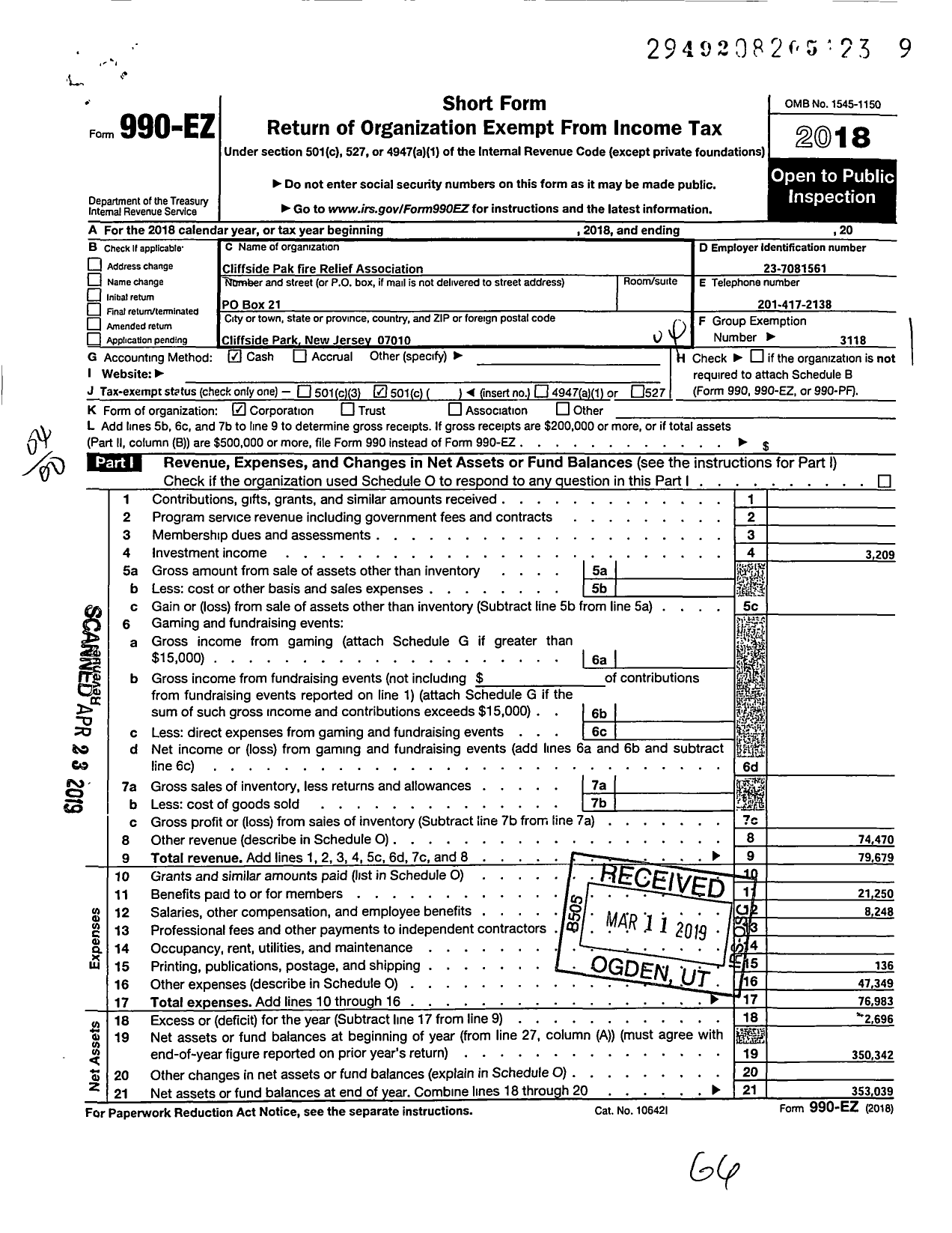 Image of first page of 2018 Form 990EO for New Jersey State Firemen's Association - Cliffside Park