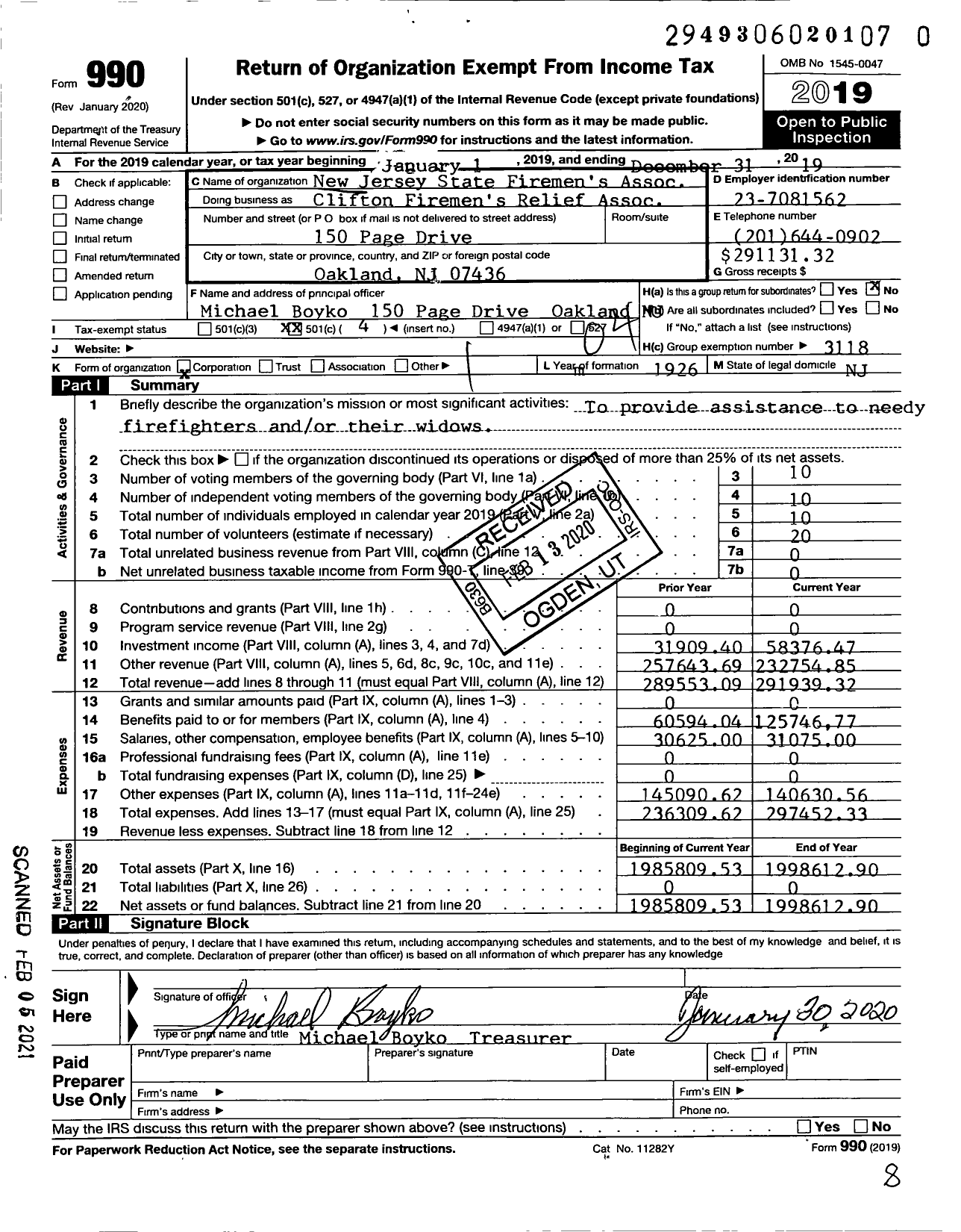 Image of first page of 2019 Form 990O for New Jersey State Firemen's Association - Clifton Firemens Relief