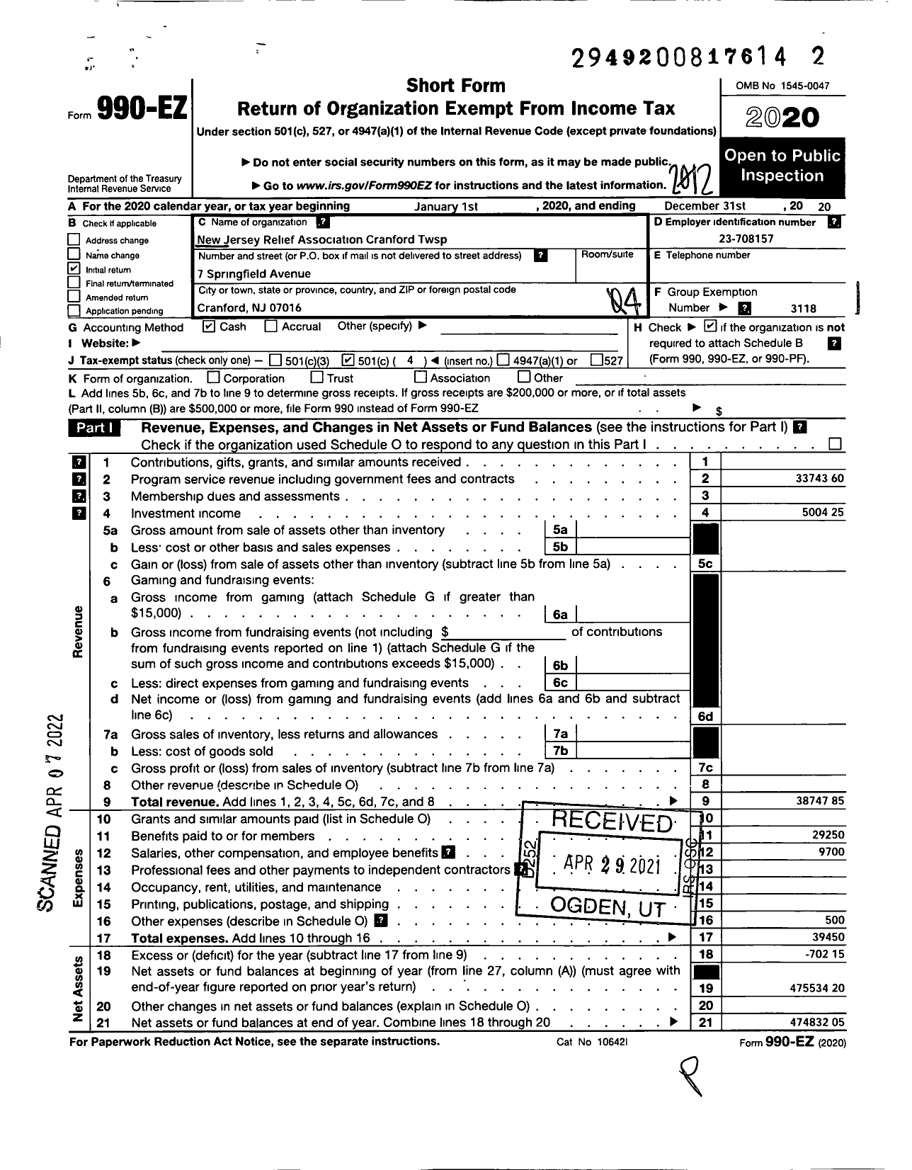 Image of first page of 2020 Form 990EO for New JERSEY STATE Firemen's Association - Cranford