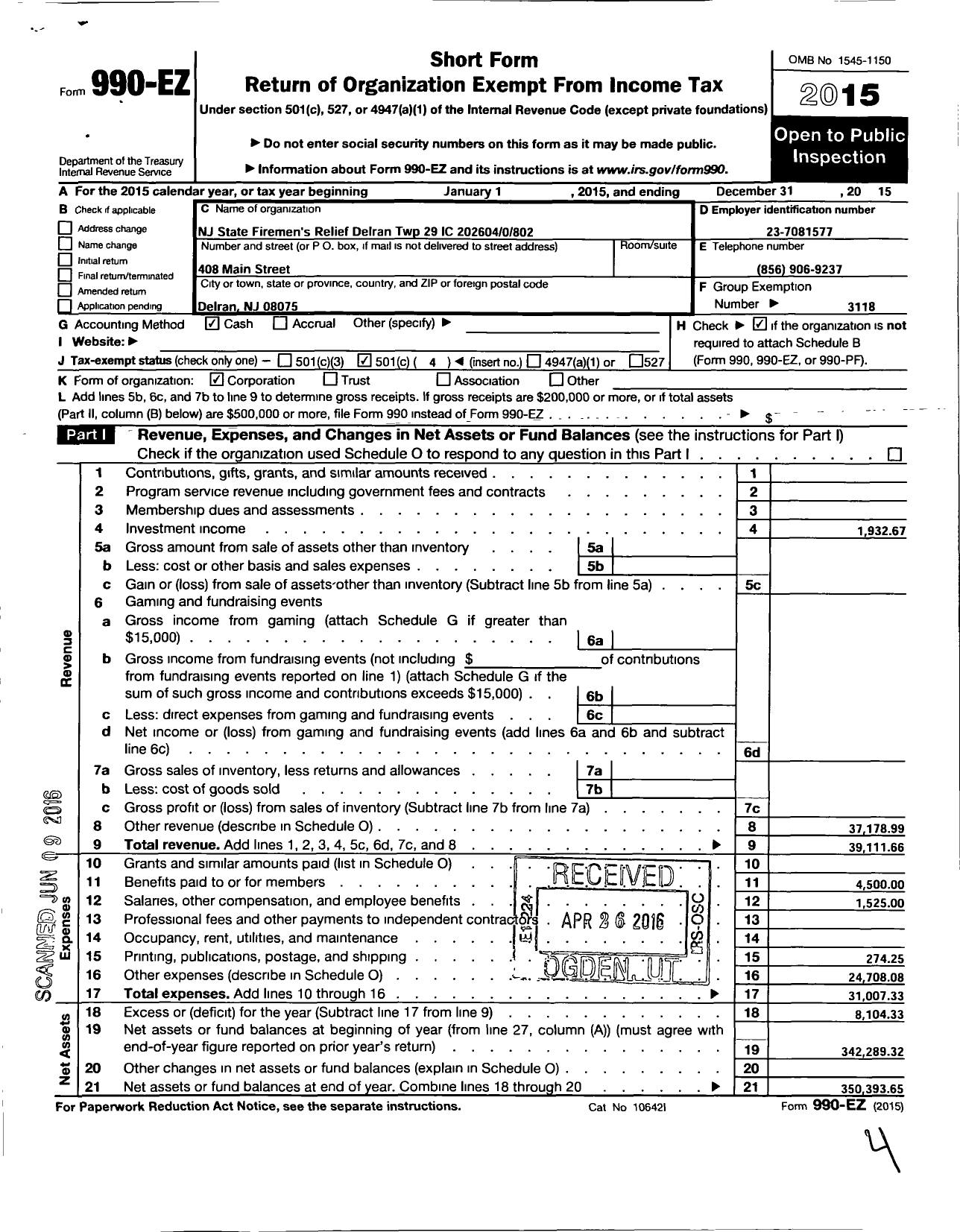 Image of first page of 2015 Form 990EO for New Jersey State Firemen's Association - Delran TWSP