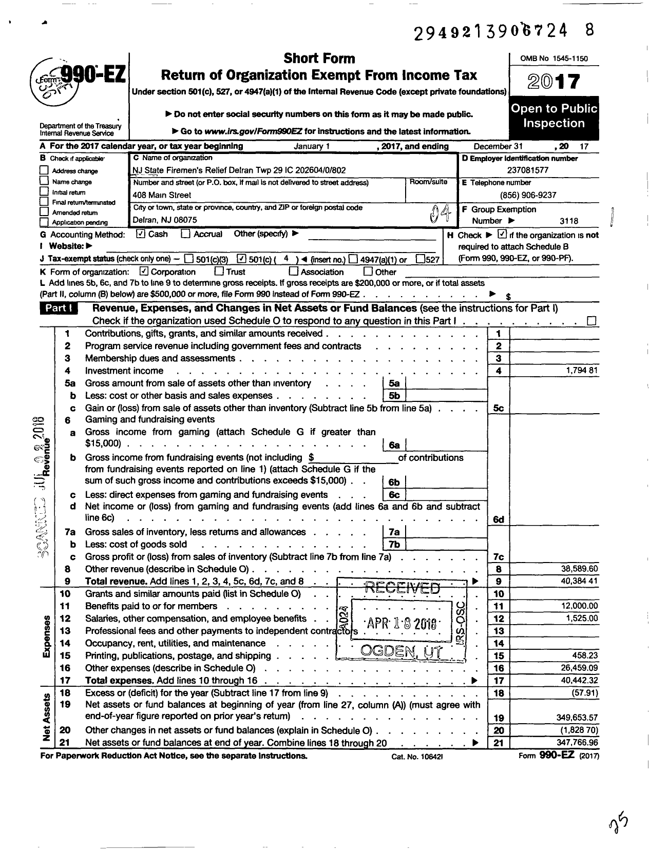 Image of first page of 2017 Form 990EO for New Jersey State Firemen's Association - Delran TWSP