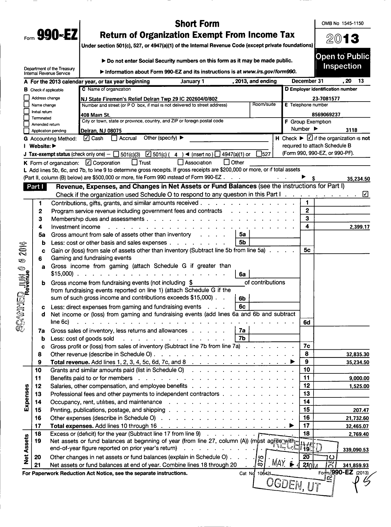 Image of first page of 2013 Form 990EO for New Jersey State Firemen's Association - Delran TWSP