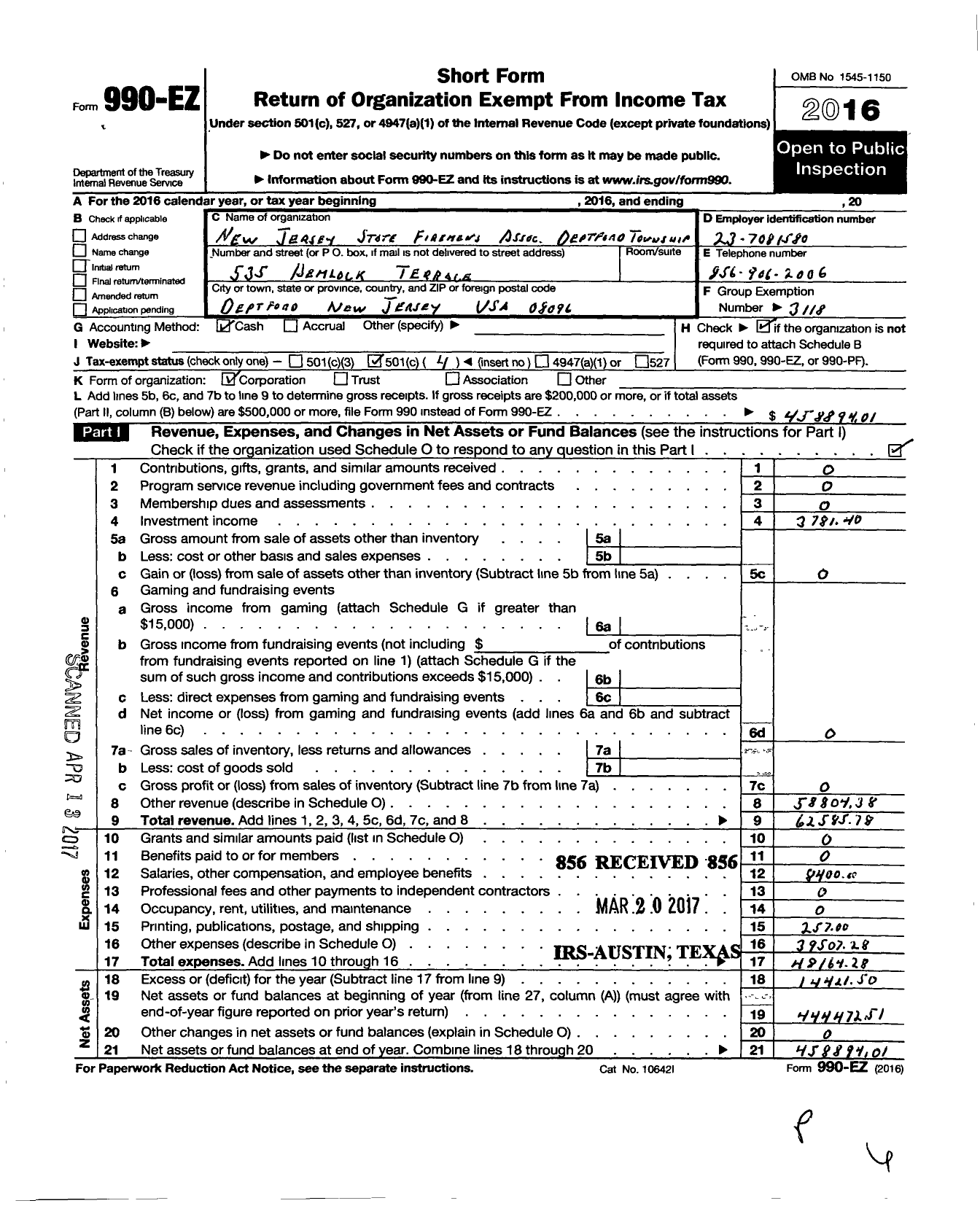 Image of first page of 2016 Form 990EO for New Jersey State Firemen's Association - Deptford TWSP