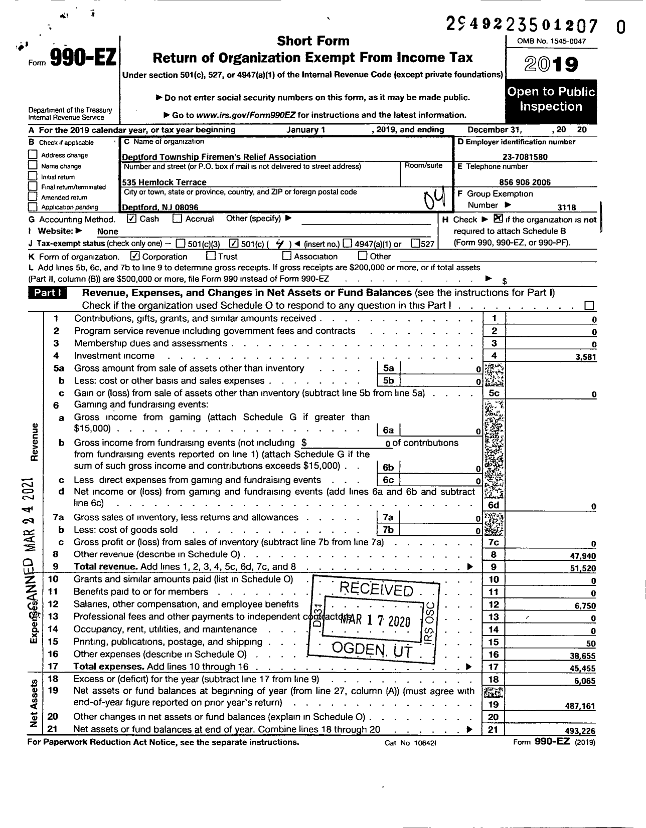 Image of first page of 2020 Form 990EO for New Jersey State Firemen's Association - Deptford TWSP