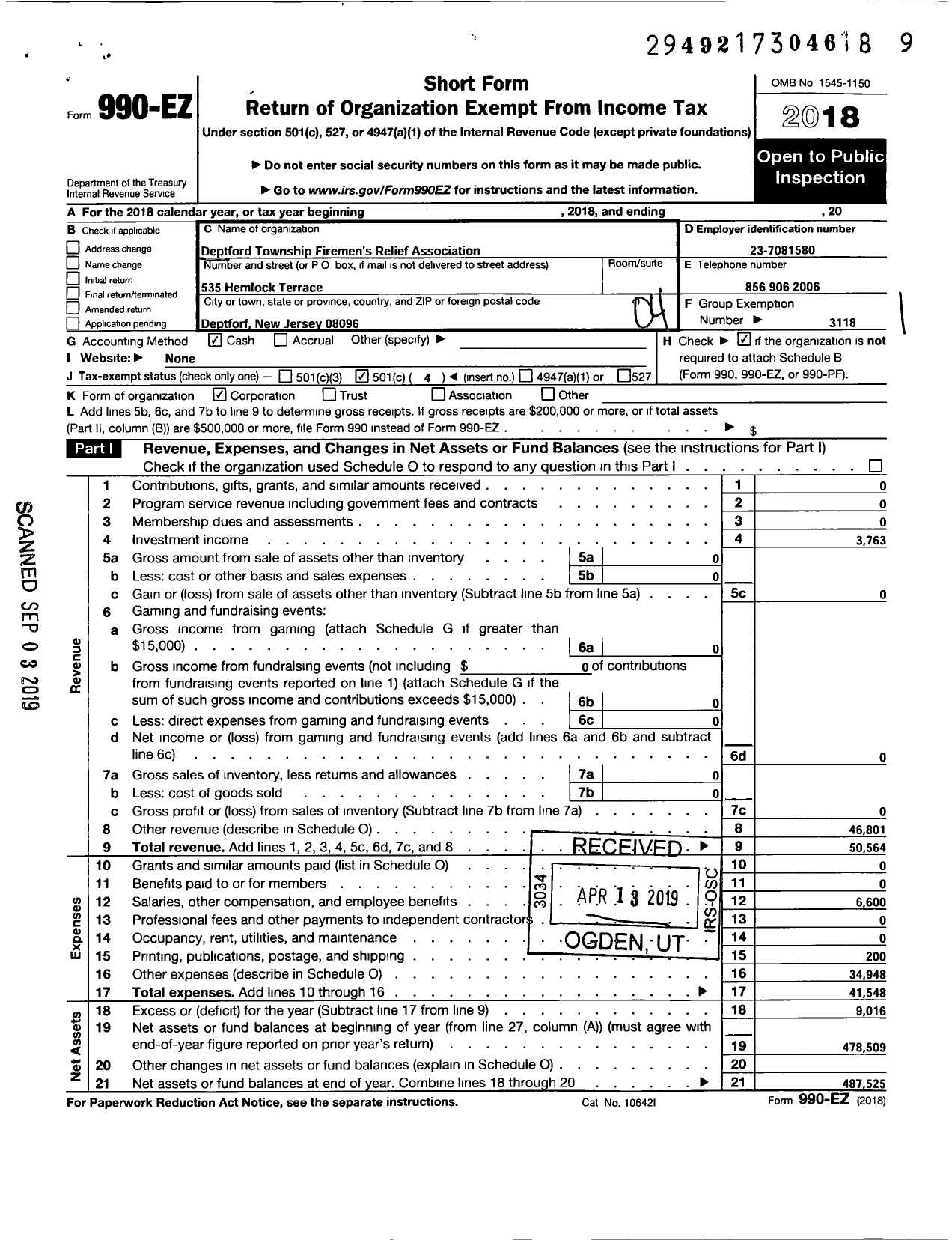 Image of first page of 2018 Form 990EO for New Jersey State Firemen's Association - Deptford TWSP