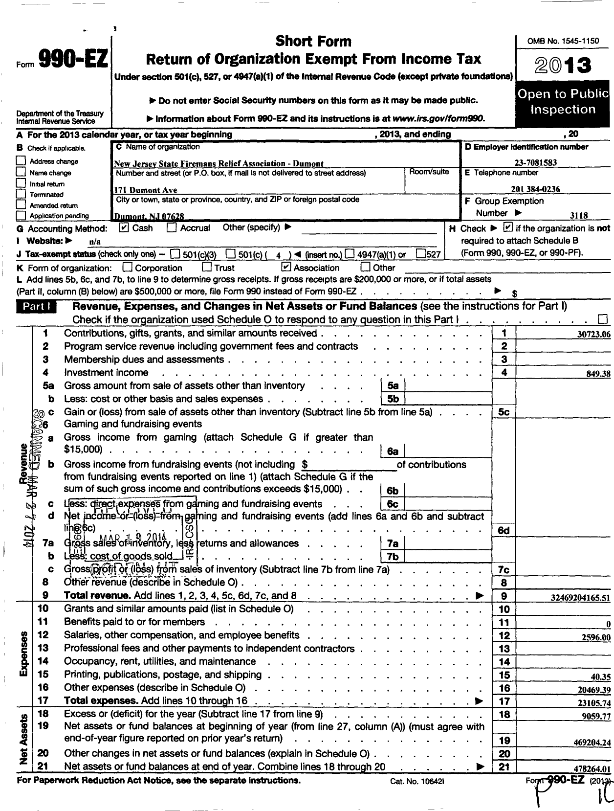 Image of first page of 2013 Form 990EO for New Jersey State Firemen's Association - Dumont