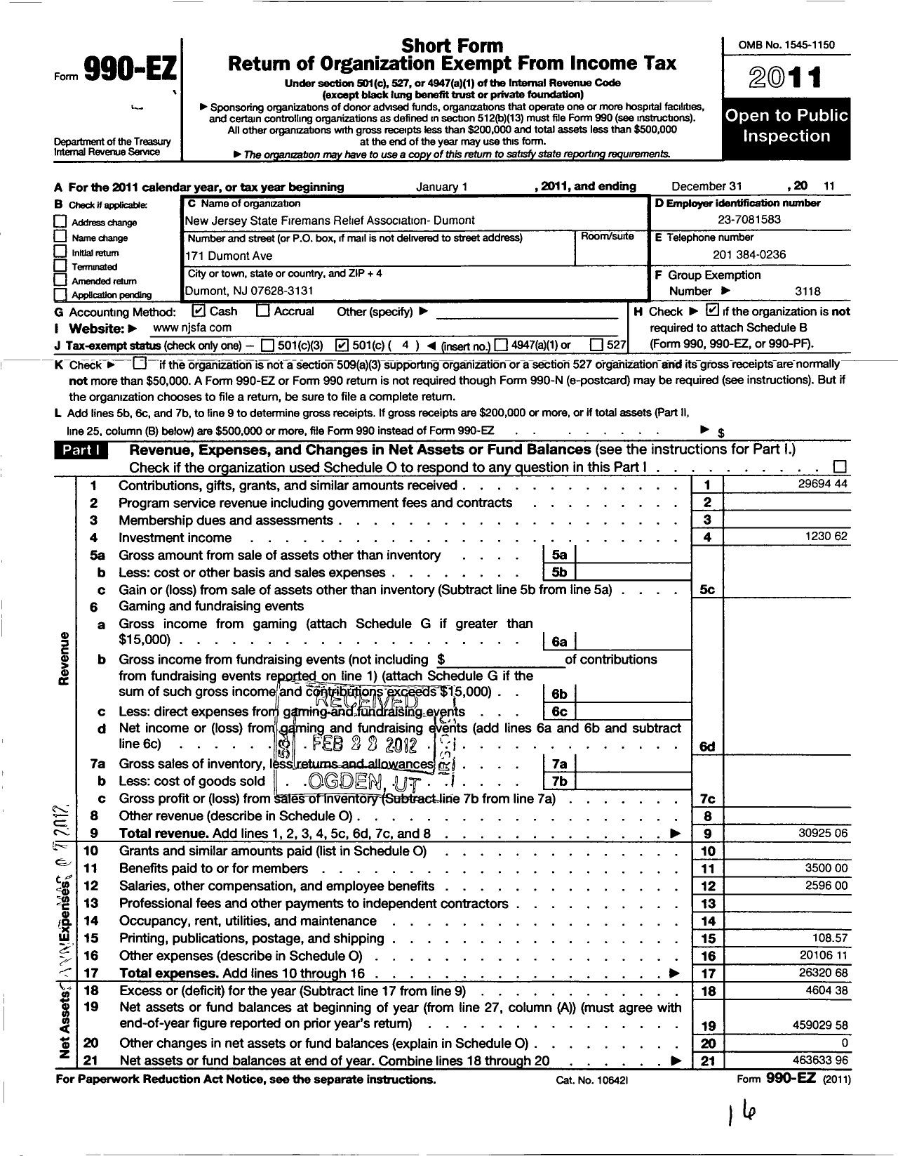 Image of first page of 2011 Form 990EO for New Jersey State Firemen's Association - Dumont