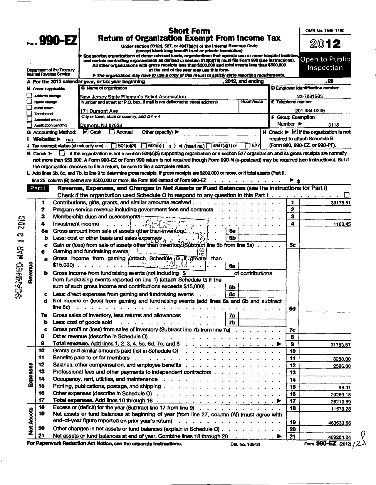 Image of first page of 2012 Form 990EO for New Jersey State Firemen's Association - Dumont