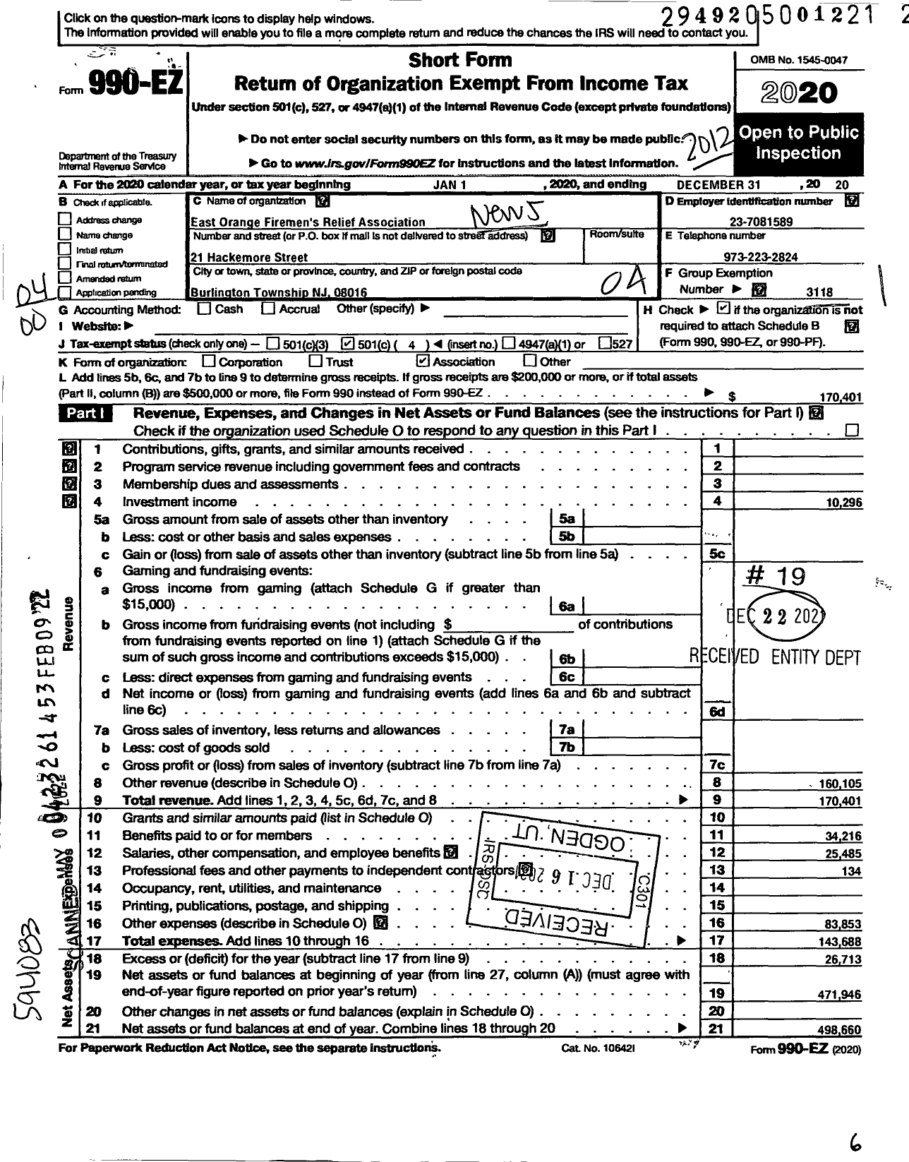 Image of first page of 2020 Form 990EO for New Jersey State Firemen's Association - East Orange