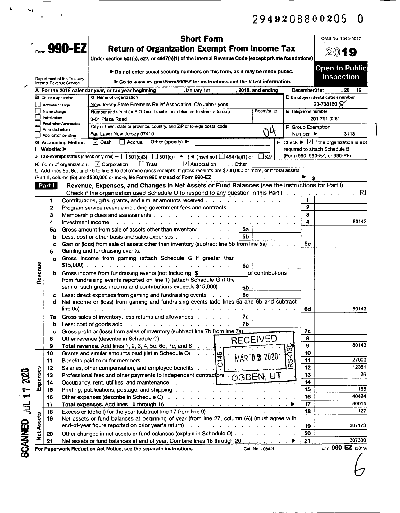 Image of first page of 2019 Form 990EO for New Jersey State Firemen's Association - Timothy Franco