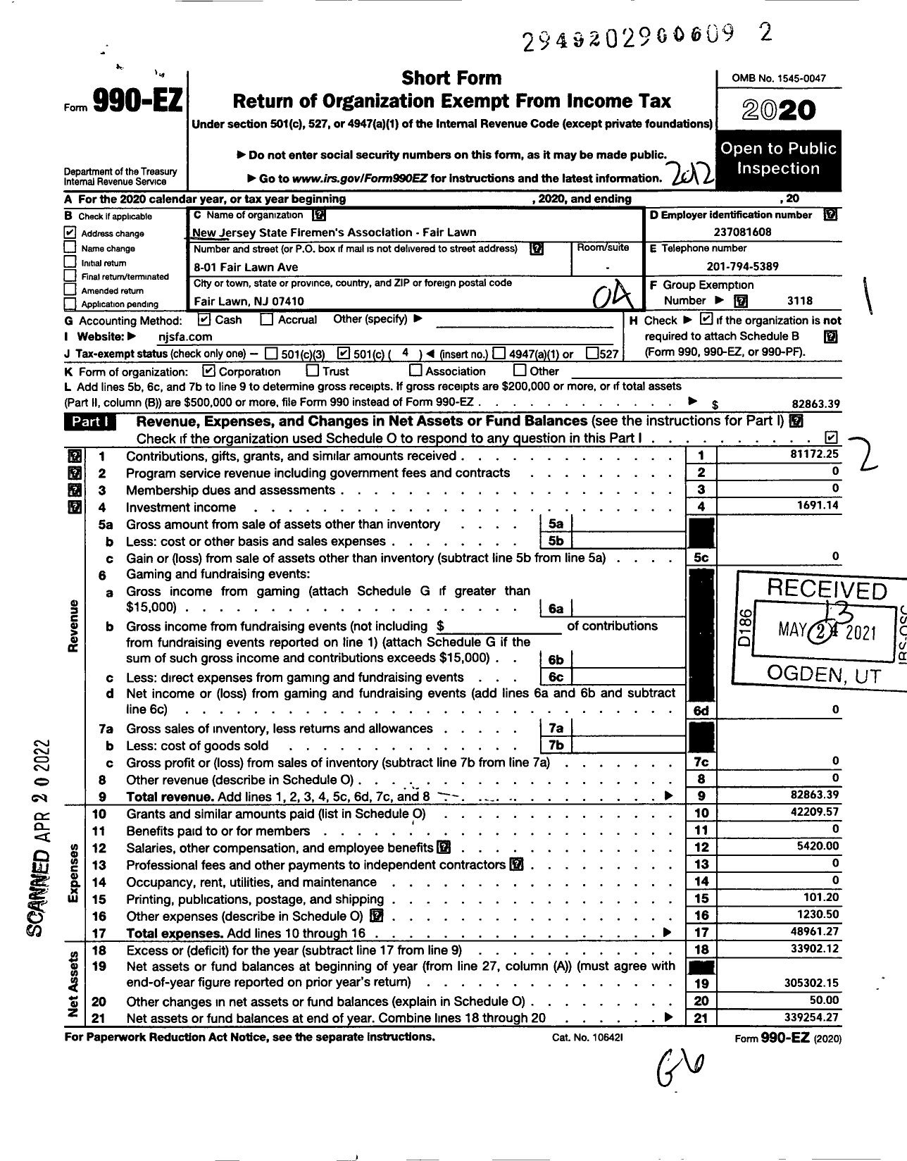 Image of first page of 2020 Form 990EO for New Jersey State Firemen's Association - Timothy Franco