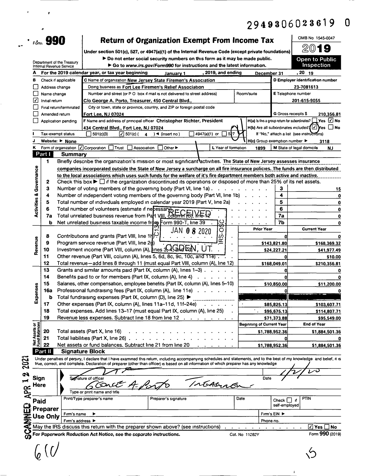 Image of first page of 2019 Form 990O for New Jersey State Firemen's Association - Fort Lee Firemens Relief Assoc