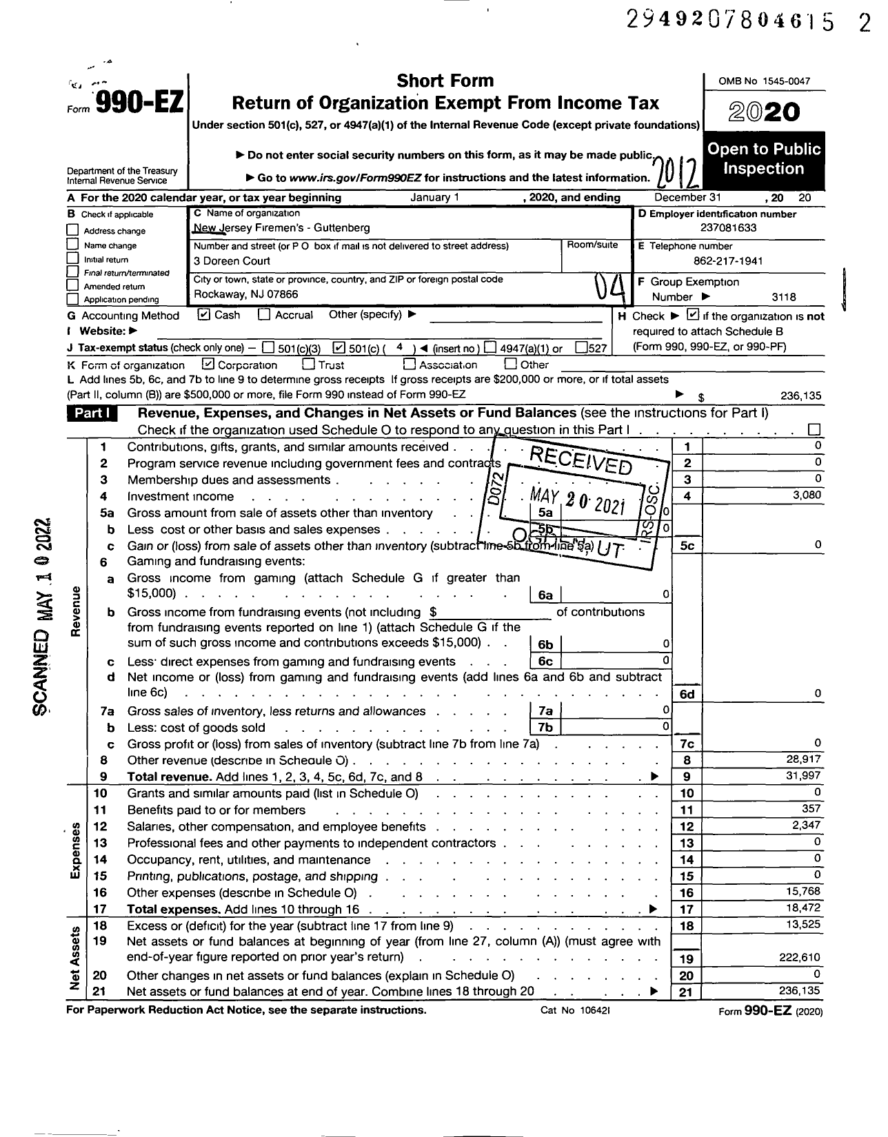 Image of first page of 2020 Form 990EO for New Jersey State Firemen's Association - Guttenberg