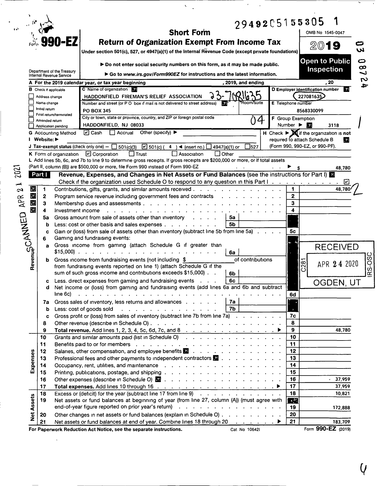 Image of first page of 2019 Form 990EO for New Jersey State Firemen's Association - Haddonfield