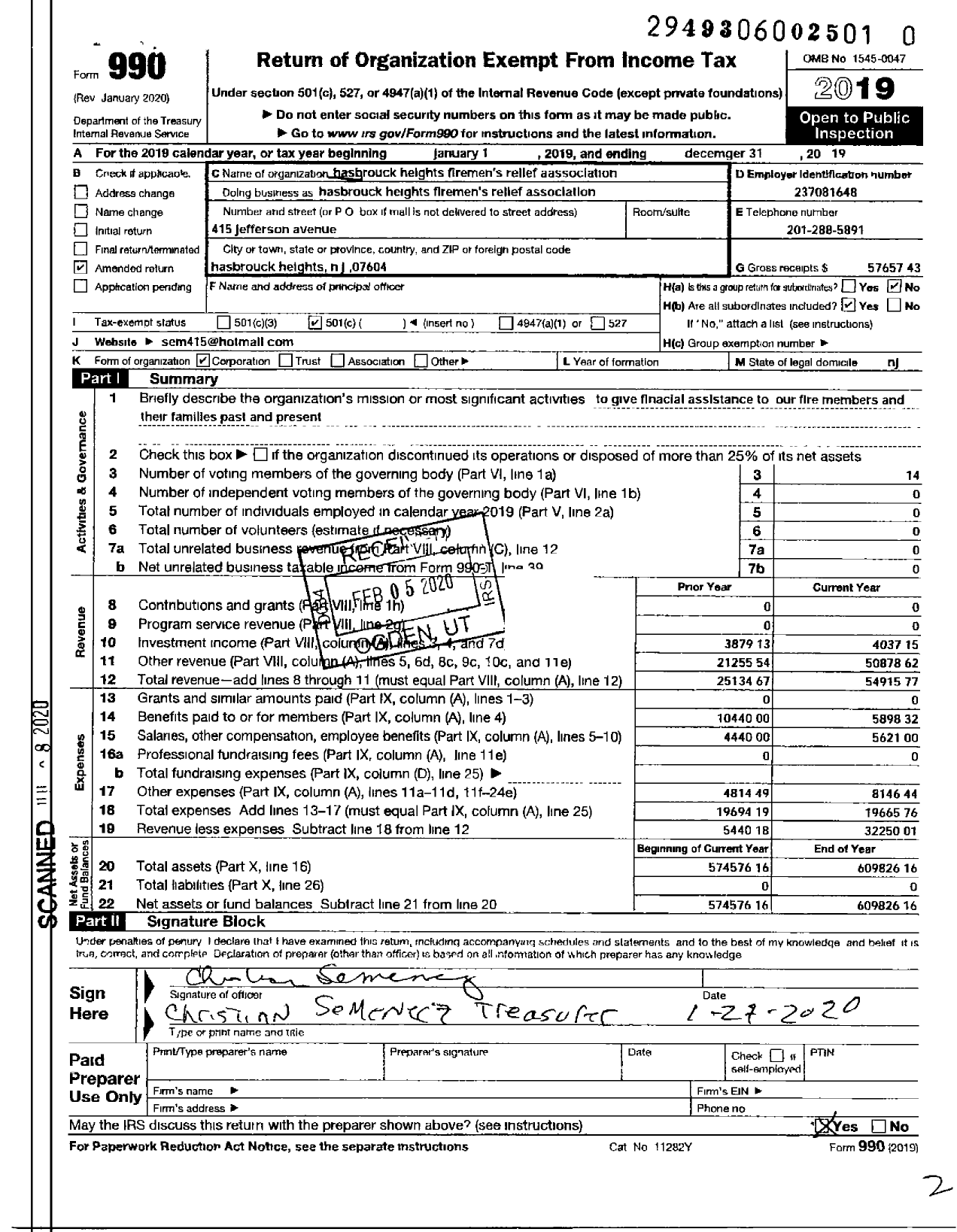 Image of first page of 2019 Form 990O for New Jersey State Firemen's Association - Hasbrouck HTS Firemens Relief Assn