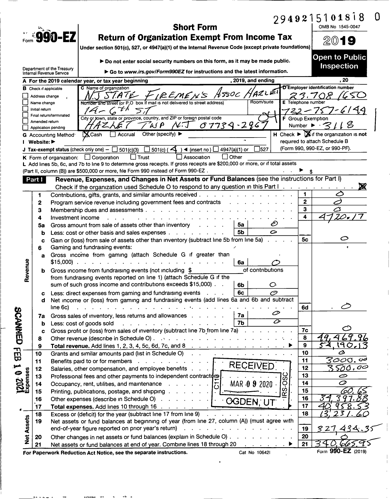 Image of first page of 2019 Form 990EO for New Jersey State Firemen's Association - Hazlet TWSP