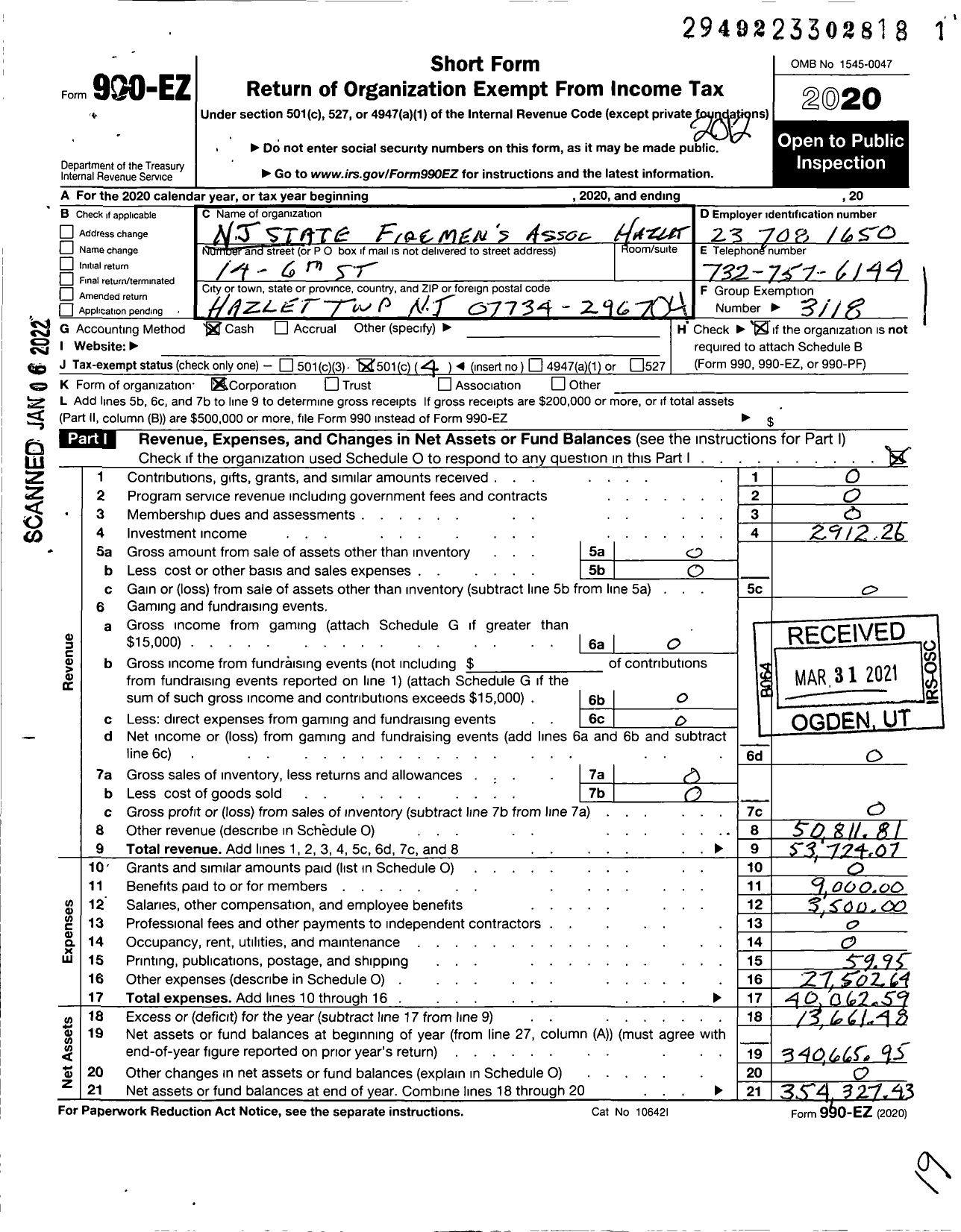 Image of first page of 2020 Form 990EO for New Jersey State Firemen's Association - Hazlet TWSP