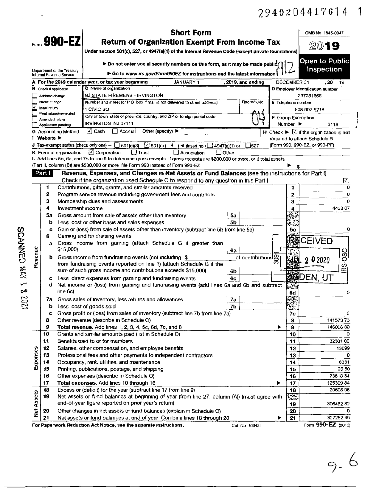 Image of first page of 2019 Form 990EO for New Jersey State Firemen's Association - Irvington