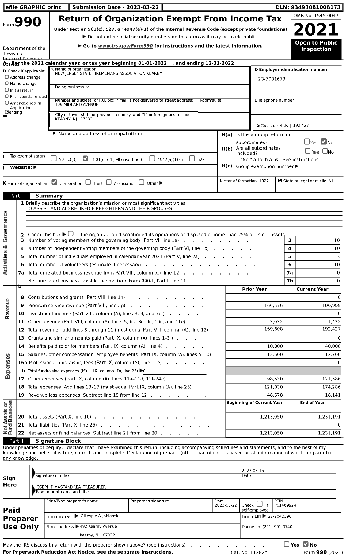 Image of first page of 2022 Form 990 for New Jersey State Firemen's Association - Kearny