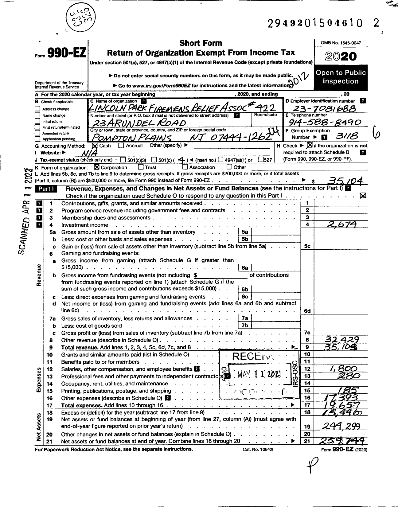 Image of first page of 2020 Form 990EO for New Jersey State Firemen's Association - Lincoln Park